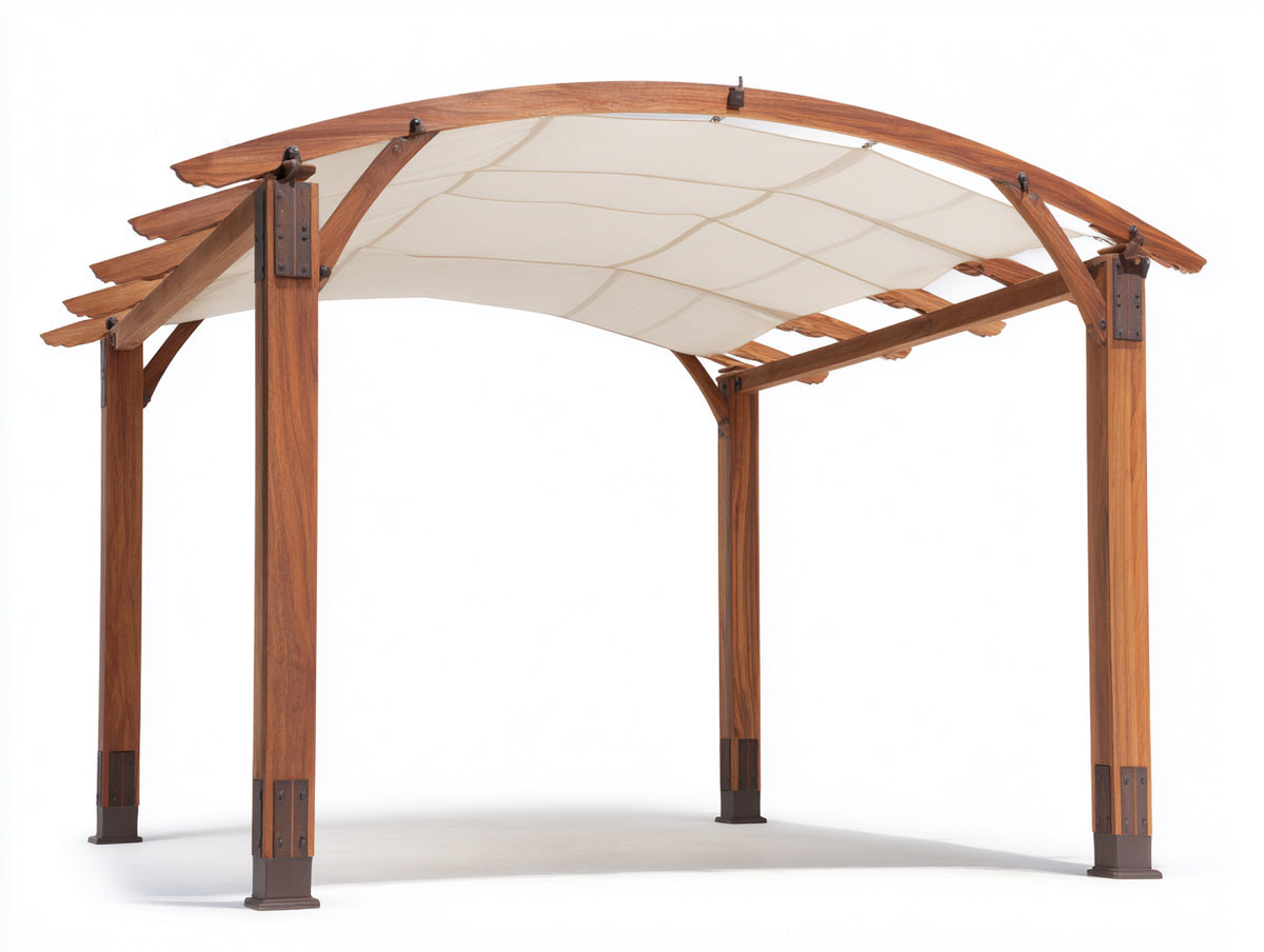 Pergola da giardino - Legno-Tessuto - 354 x 304 x 274 cm - Marrone naturale-Bianco panna - Mediterraneo