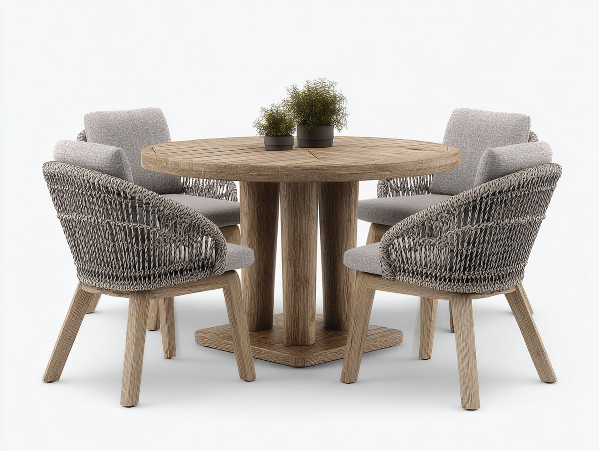Set da pranzo da esterno - Legno-Corda-Tessuto - 130x130x76 cm - Legno naturale-Tortora-Grigio chiaro - Stile contemporaneo